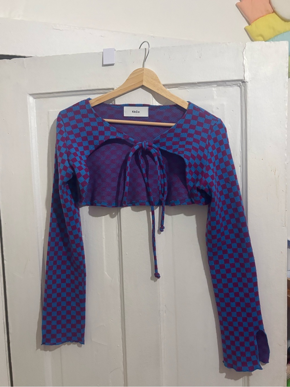 KKCO checkered cropped tie from bolero cardigan shrug sized small!